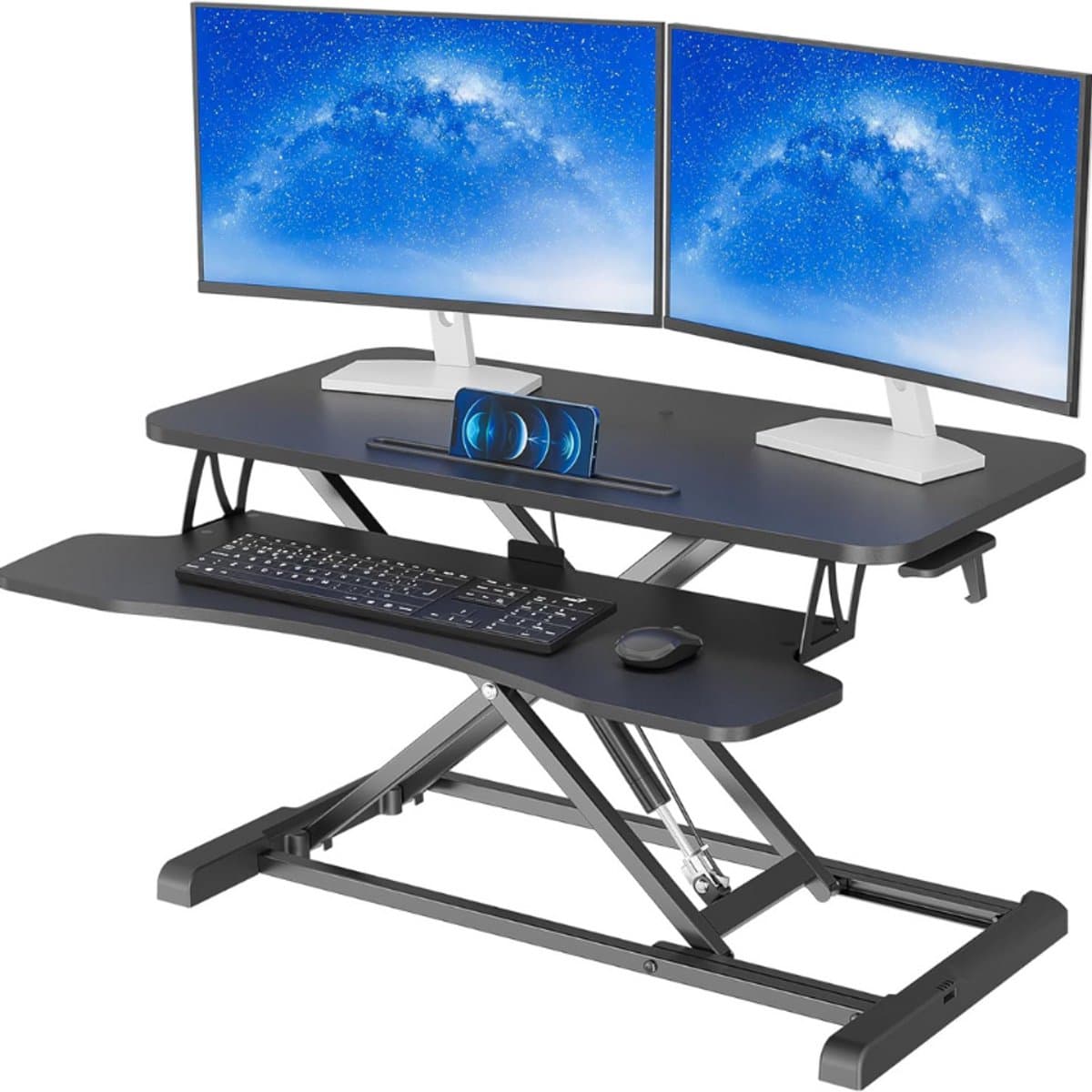 Sit-Stand Bureau Converter - In Hoogte Verstelbaar - Dubbel Laags Computer Werkstation - Ergonomische X-Frame Verhoger Voor PC Toetsenbord En Laptop Tot 15kg