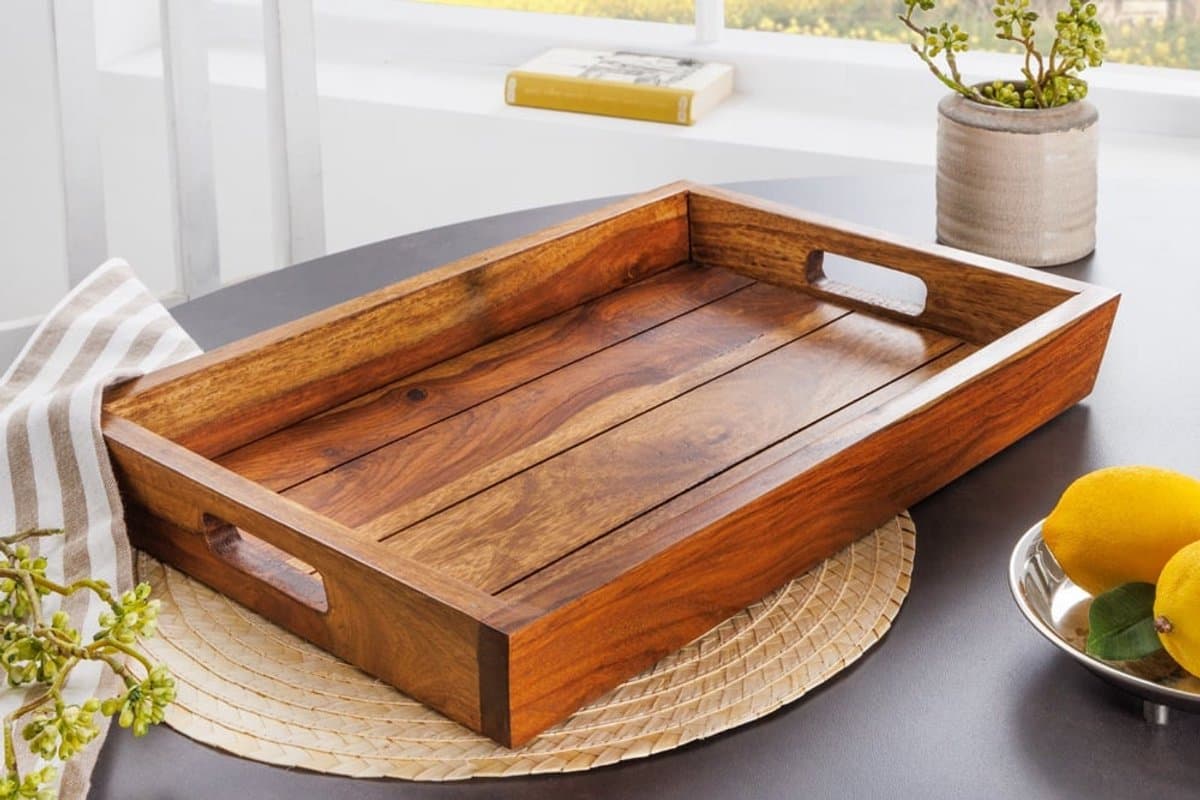 Decoratief dienblad MAKASSAR 45 cm massief houten serveerplank met sheeshamsteenafwerking - 41120