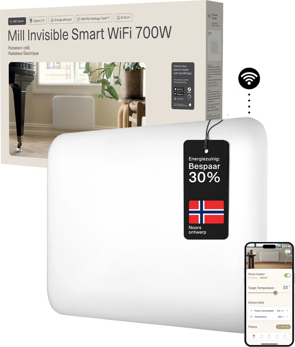 Mill PA700WIF4 - WiFi-geïntegreerde stalen paneelverwarming - 700 Watt - tot 12m2 - 100% stil - 5 jaar garantie