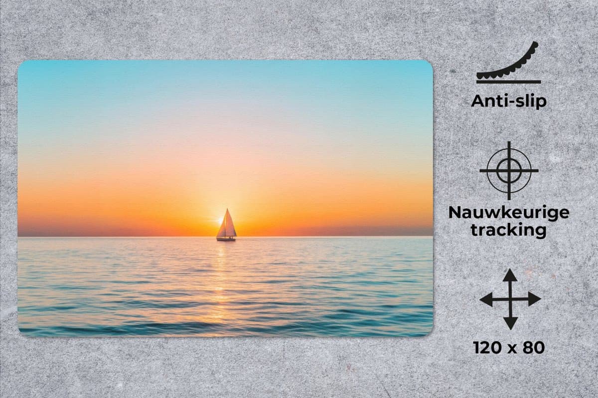 Muismat XXL 120x80 cm - Bureau onderlegger - Bureau mat Zee - Zeilboot - Zonsondergang - Bureaumat - Gaming mousepad xl - Bureaulegger groot - Computer deskmat
