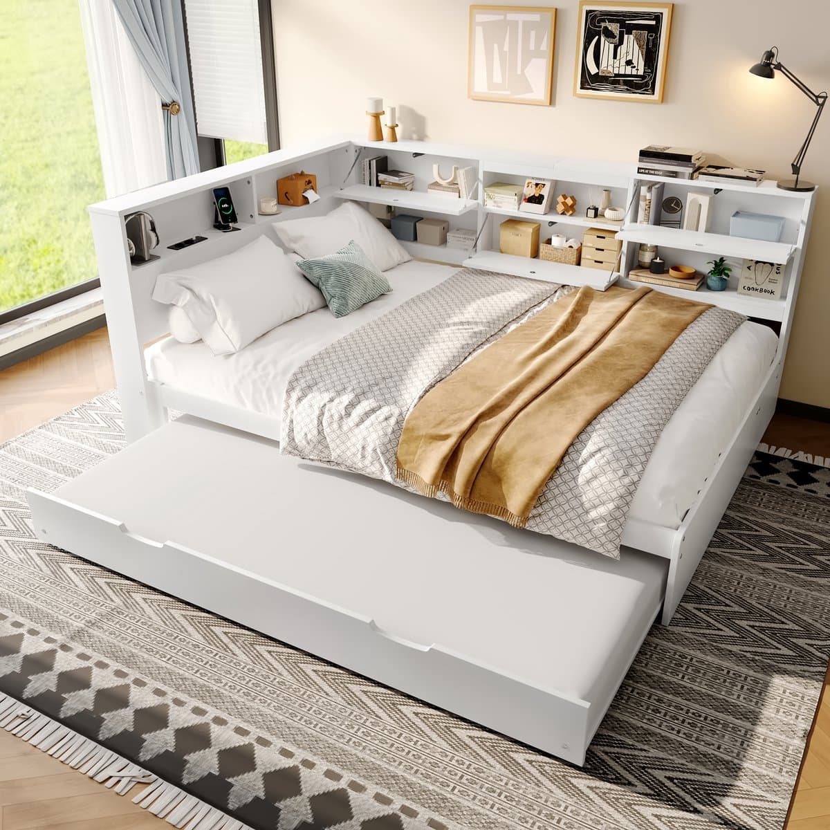 Sweiko Slaapbank - 140x200cm - Opbergruimte - Met uitschuifbaar bed - Zonder matras - Wit