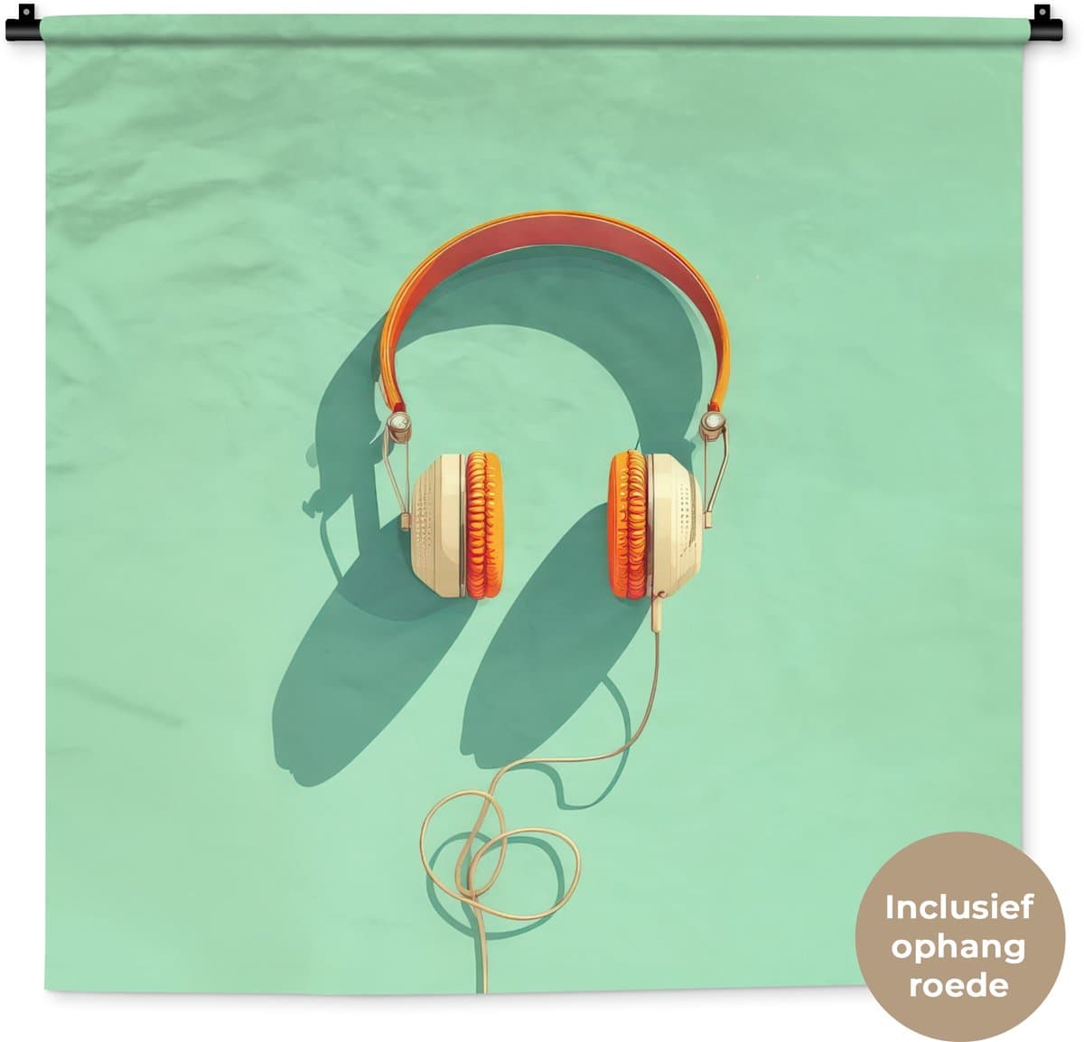 Wandkleed 90x90 cm - Wanddoek Koptelefoon - Oranje - Snoer - Minimalistisch - Wandtapijt - Wandkleden