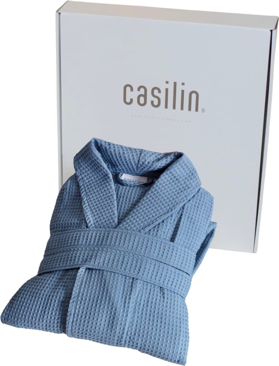 Casilin - Badjas Dames en Heren - Maat L - Wafel Badjas Cadeau voor Hem en Haar in Luxe Geschenkdoos - 100% katoen - Absorberend - Blauw