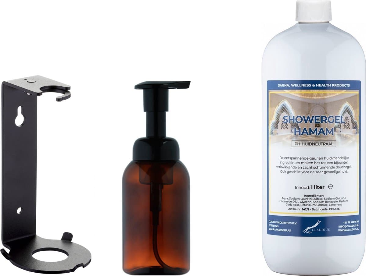 Zeepdispenser 300 ml amber bruin hervulbaar + 1 liter Showergel Hamam navulling (inclusief beugel)