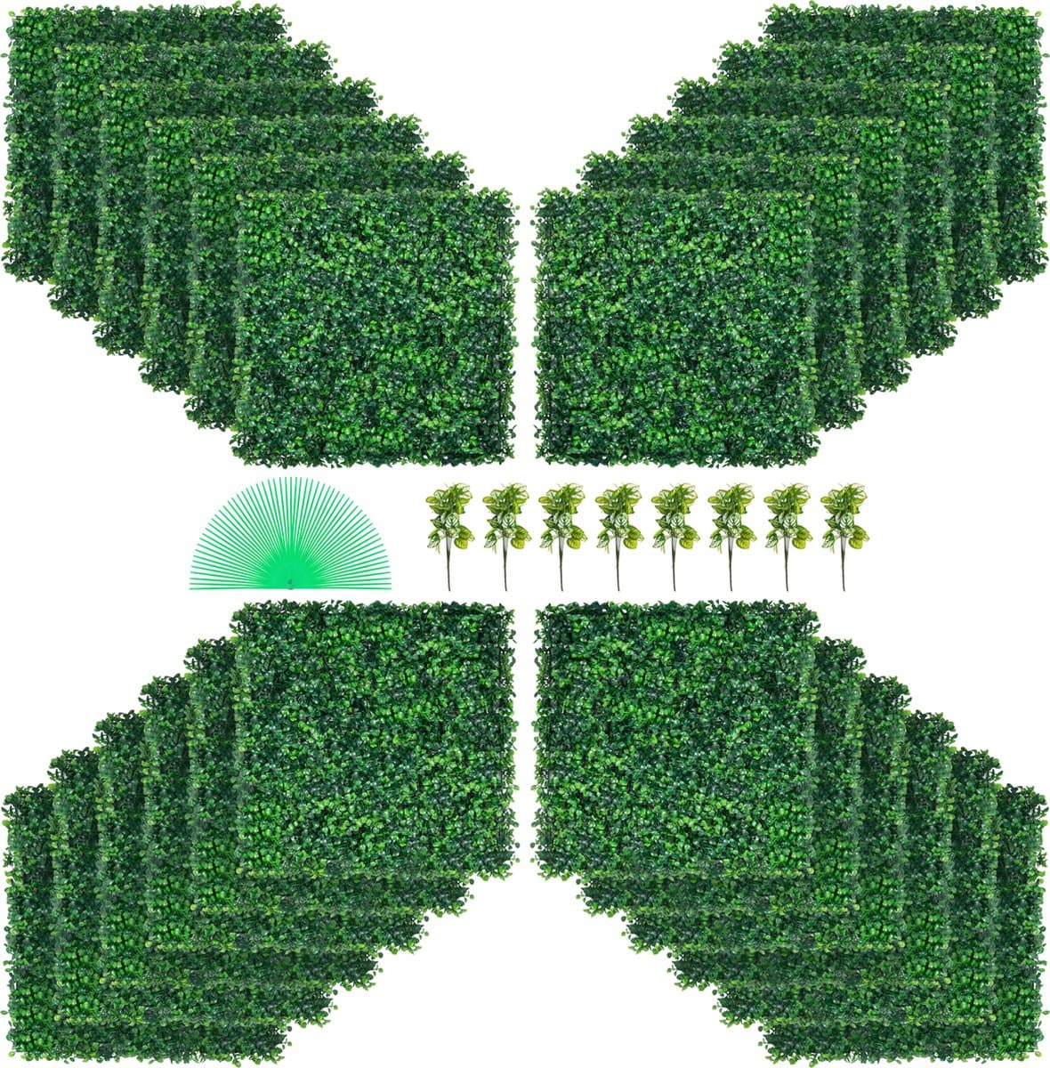 VEVOR Kunstmatig Buxus Hegpaneel, 24 Stuks, 50,8 x 50,8 cm, Kunstmatige Heggen, Kunstmatige Buxusomheining, Nep Klimop Realistisch Effect Groene Plastic Decoratie voor Tuinen en Werven, 4 cm Dikte