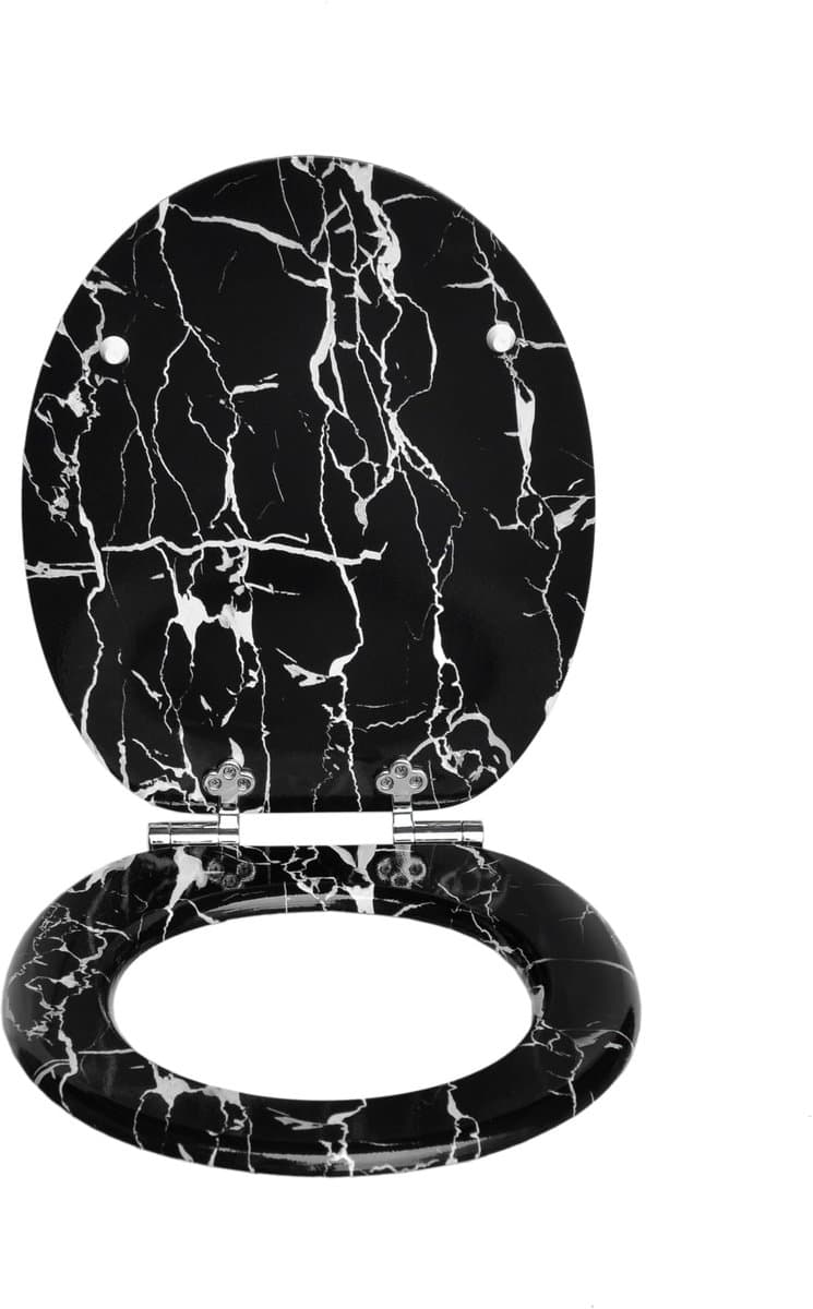 Namajunas - Toiletbril - Universele vorm WC Bril - MDF hout - Softclose - Antibacterieel - Zwart Marmer Craquelé - Met Deksel - RVS Bevestiging - Inclusief bevestiging - Easy Clean