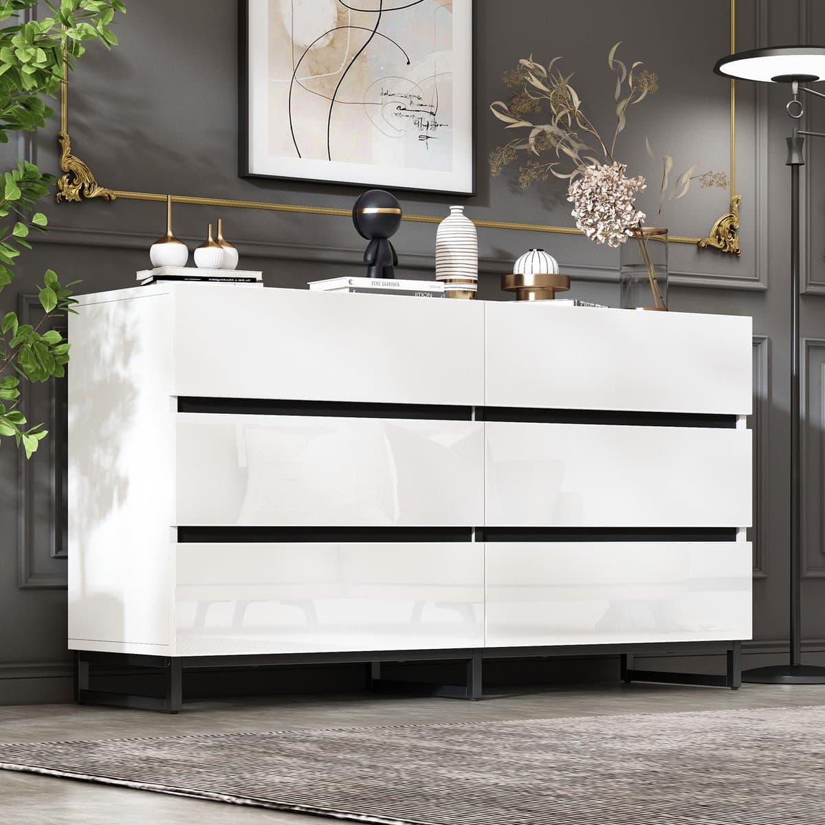 OKWISH Dressoirs - Kast Met 6 Laden En Hoogglans Bovenblad - Stijlvol Dressoir - 140x39,5x78,5 cm - Spaanplaat - Wit