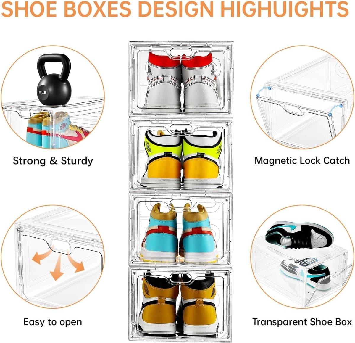 Candala Opbergdozen voor schoenen, stapelbare doorzichtige dozen met deuren, organizercontainers voor sneakers - geschikt voor Amerikaanse mannen/damesmaat 12 (34 x 24,9 x 18 cm)