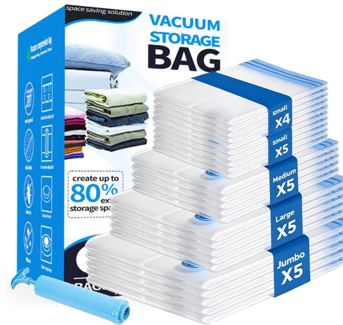 Gloovon® - Vacuumzakken Dekbedden & Kleding - 25 Stuks / 5 Maten - Incl. Handpomp - Reiszakken Herbruikbaar met Pomp - Vacumeerzakken