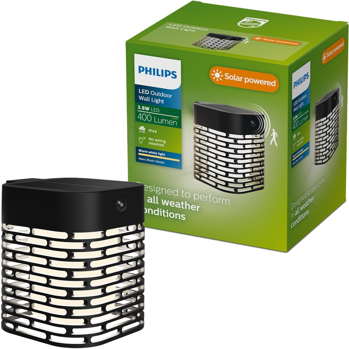 Philips Hara Solar wandlamp - Zonne-energie - Warmwit licht: 2700K - Zwart - Twee lichtstanden - Schemersensor - Bewegingssensor - IP44: weerbestendig - Solar buitenverlichting