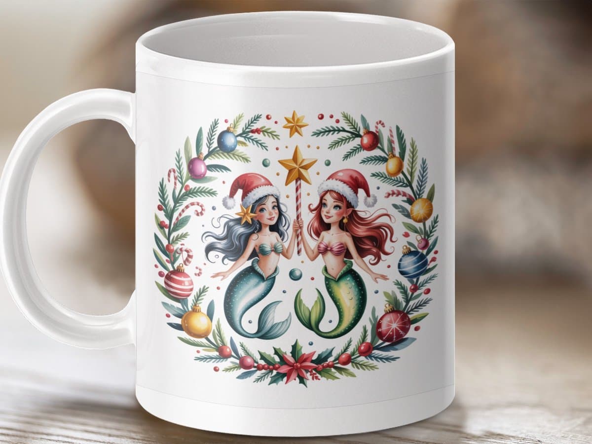 Mok Kerst Zeemeermin Mug, Feestelijke Zeemeerminnen, Kerstcadeau, Fantasie Mok, Kerstversiering, Vakantie Mok, Unieke Mok, Kerstthema