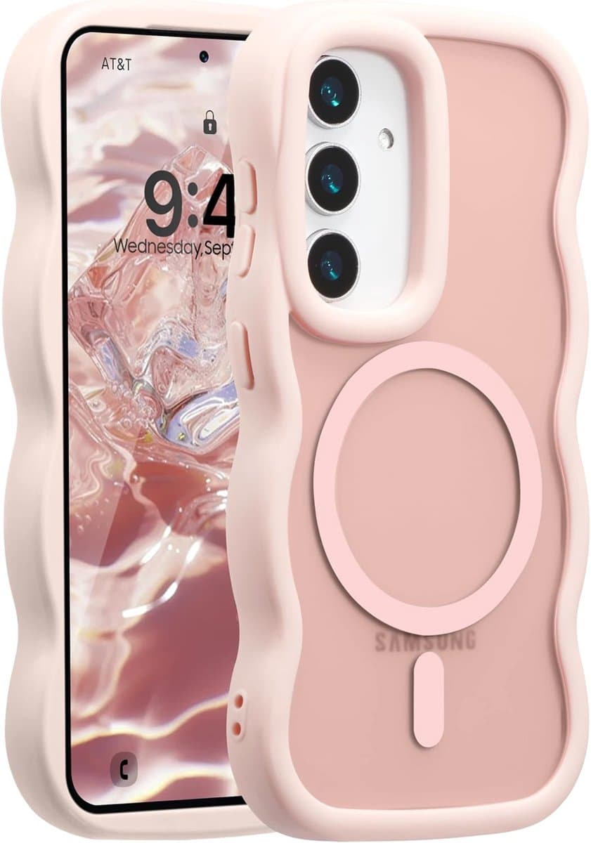 YPCd MagSafe Hoesje Geschikt voor Samsung Galaxy S25 Plus – Shockproof TPU – Curly Wave Backcover – Anti-Slip – Roze