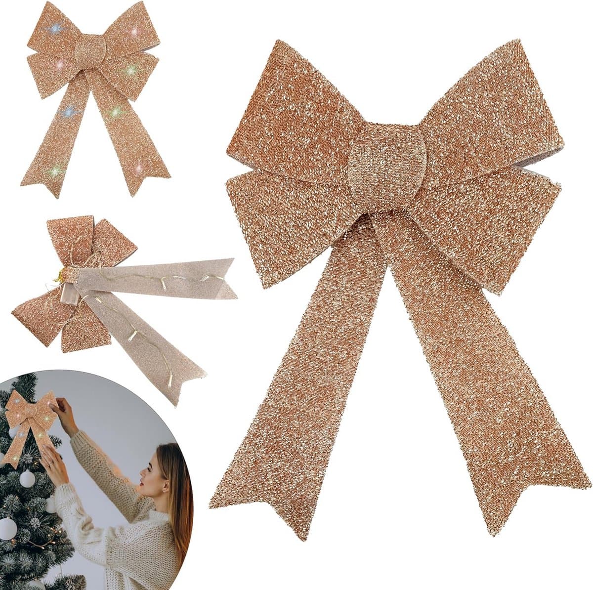 Glitter Kerststrikjes Roze Goud Deluxe Kerstboomversiering voor Binnen en Buiten