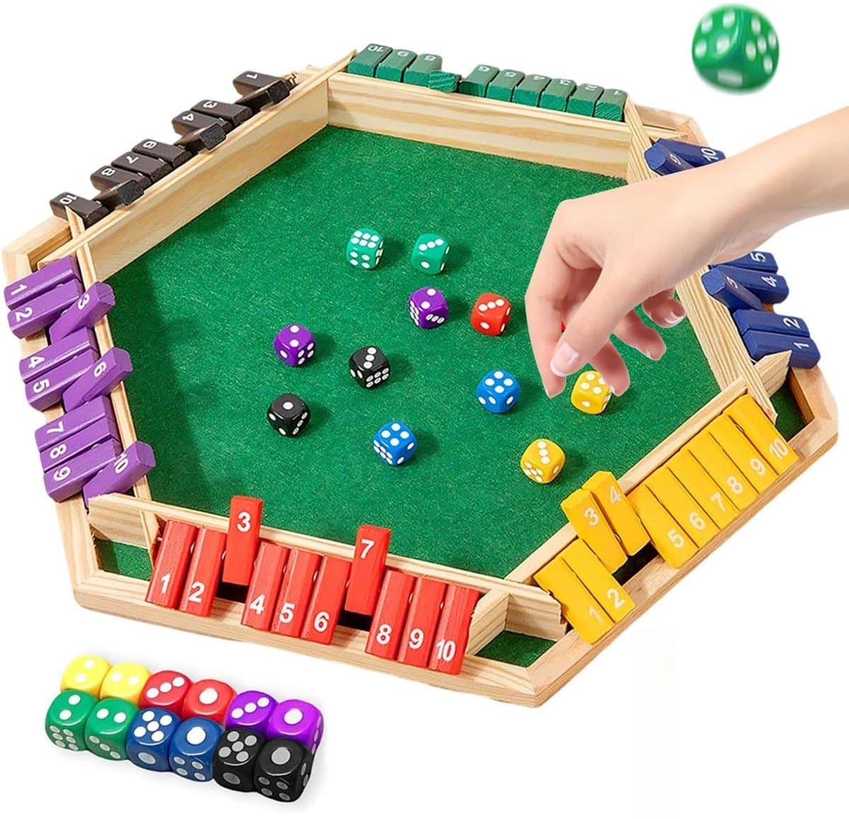 Opvouwbaar rekenbordspel voor 6 spelers, bordspel ‘Box-Closing’, houten bordspel met dobbelstenen, houten spel ‘Box-Closing’, compleet met 12 dobbelstenen, geschikt voor klaslokalen, gezinnen en bijeenkomsten (Kleurrijk)