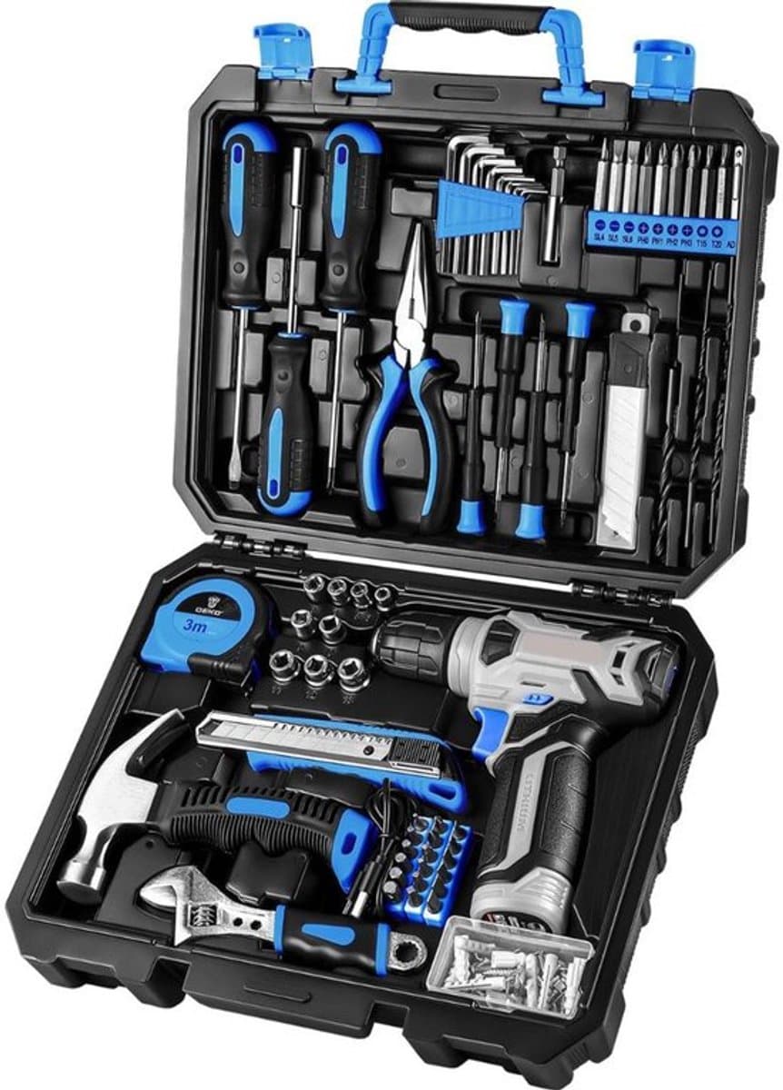 Gereedschapskoffer met Draadloze 8V Boormachine & Schroevendraaier – 126-delige Complete Gereedschapsset – Inclusief Accu, LED & Opbergkoffer – Blauw