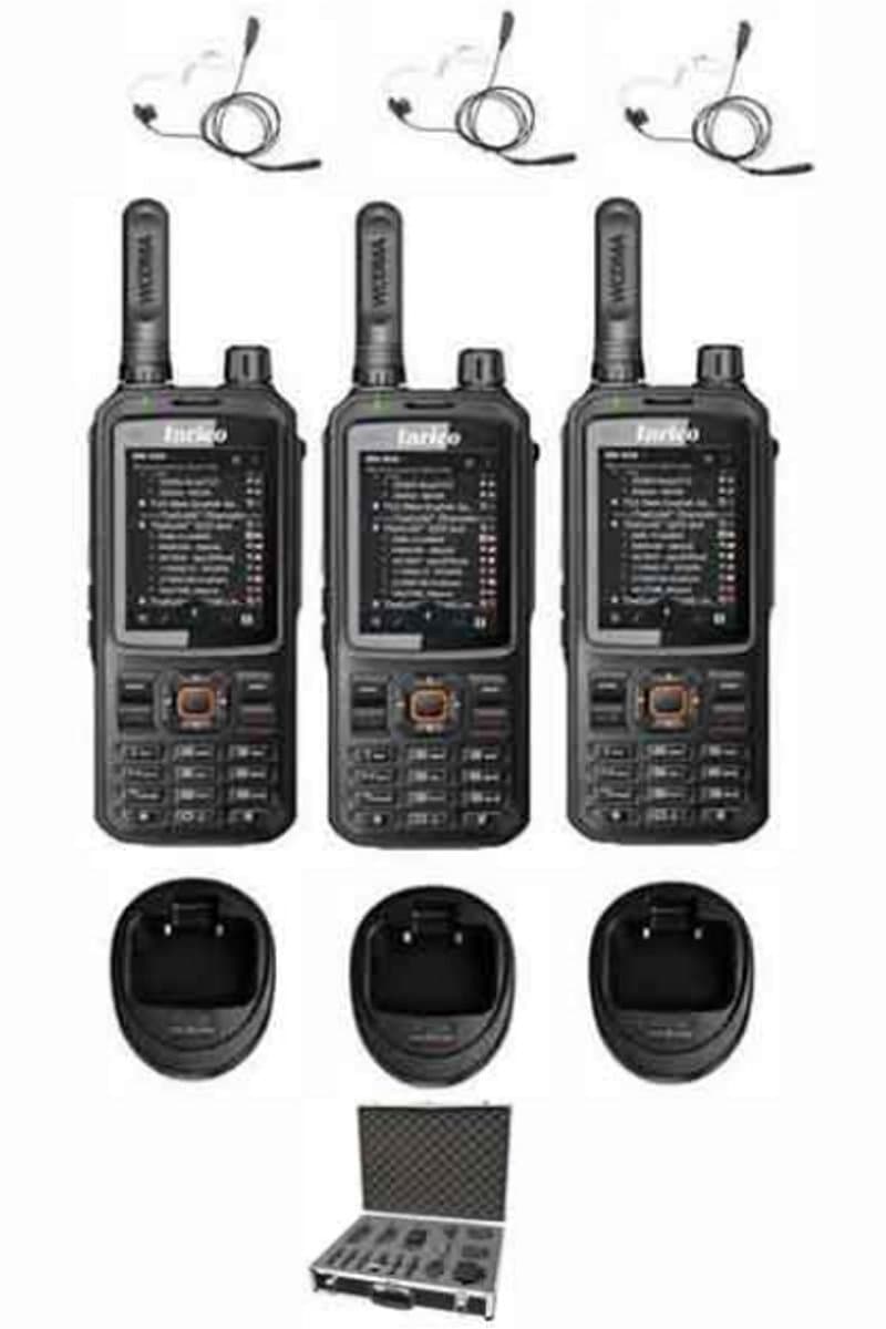 Set van 3 Inrico T320 V2 4G LTE Zello Portofoon, GPS, Wifi met tafellader beveiliging oortje en koffer