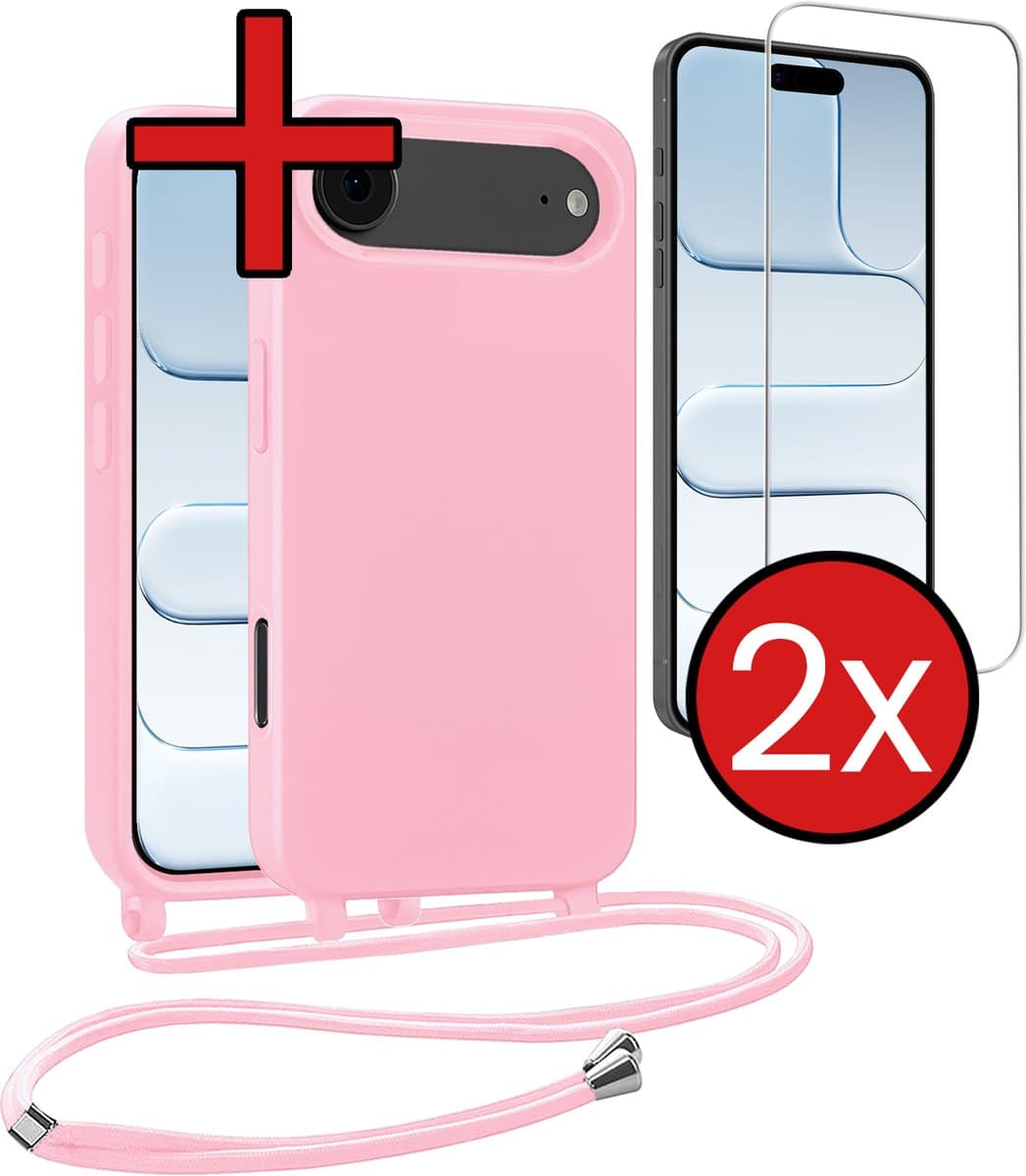 Hoesje Geschikt voor iPhone Air Hoesje Siliconen Case Met Koord Met 2x Screenprotector - Hoes Geschikt voor iPhone Air Hoesje Backcover Met Telefoonkoord - Lichtroze