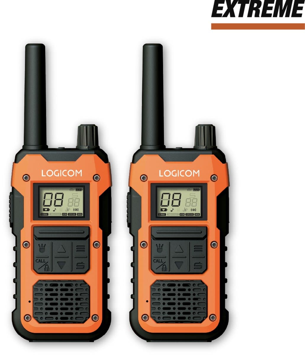 Logicom - Extreme - Walki Talkie - 10km - 2 stuks - IP68 Val en waterbestendig - 16 kanalen - PMR 446 - 2 clips - USB C - Met zaklamp - Audiojack - Kinderen & Volwassenen