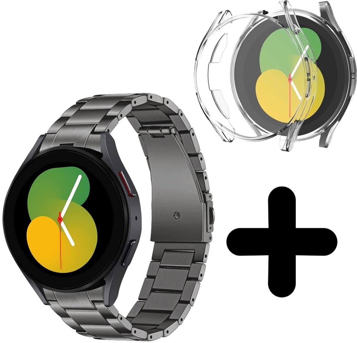 Strap-it bandje geschikt voor Samsung Galaxy Watch 5 - 40mm titanium bandje (Grafiet) - Bandje staal metaal metalen Galaxy Watch 5 40 mm - Incl. screenprotector case bescherming - Hoesje beschermhoes beschermer - Transparant full cover hardcase