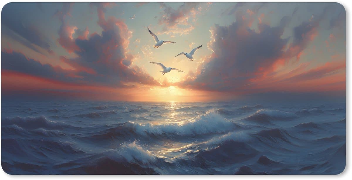 Muismat XXL 80x40 cm - Bureau onderlegger - Bureau mat Meeuwen - Zonsondergang - Zee - Wolken - Bureaumat - Gaming mousepad xl - Bureaulegger groot - Computer deskmat