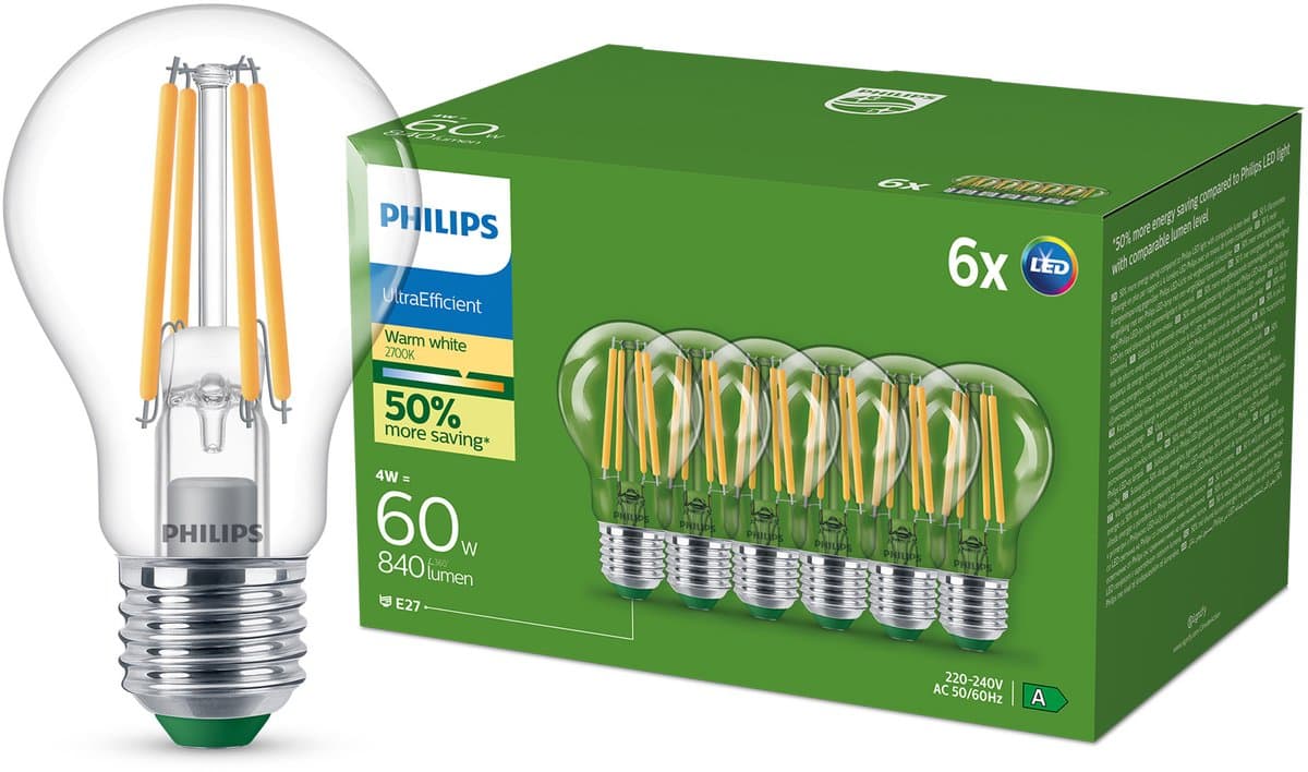 Philips UltraEfficient LED lamp Transparant - 60W - E27 fitting - Warmwit licht; 2700K - Ultra Efficiënt: Energielabel A - 6-pack