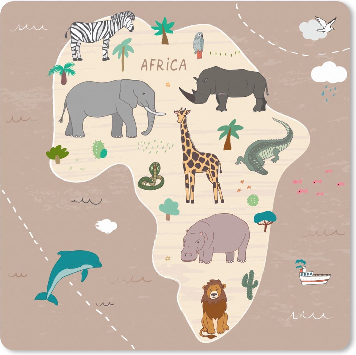 Muismat XXL 80x80 cm - Bureau onderlegger - Bureau mat Dieren - Wereldkaart - Kinderen - Afrika - Kids - Jongens - Meisjes - Bureaumat - Gaming mousepad xl - Bureaulegger groot - Computer deskmat