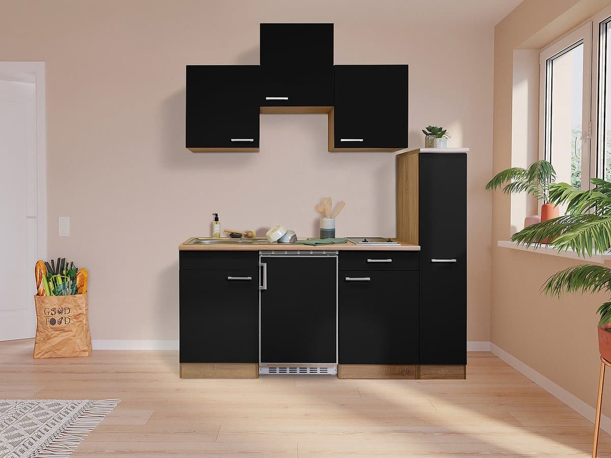 Goedkope keuken 180  cm - complete kleine keuken met apparatuur Luis - Eiken/Zwart - keramische kookplaat  - koelkast          - mini keuken - compacte keuken - keukenblok met apparatuur