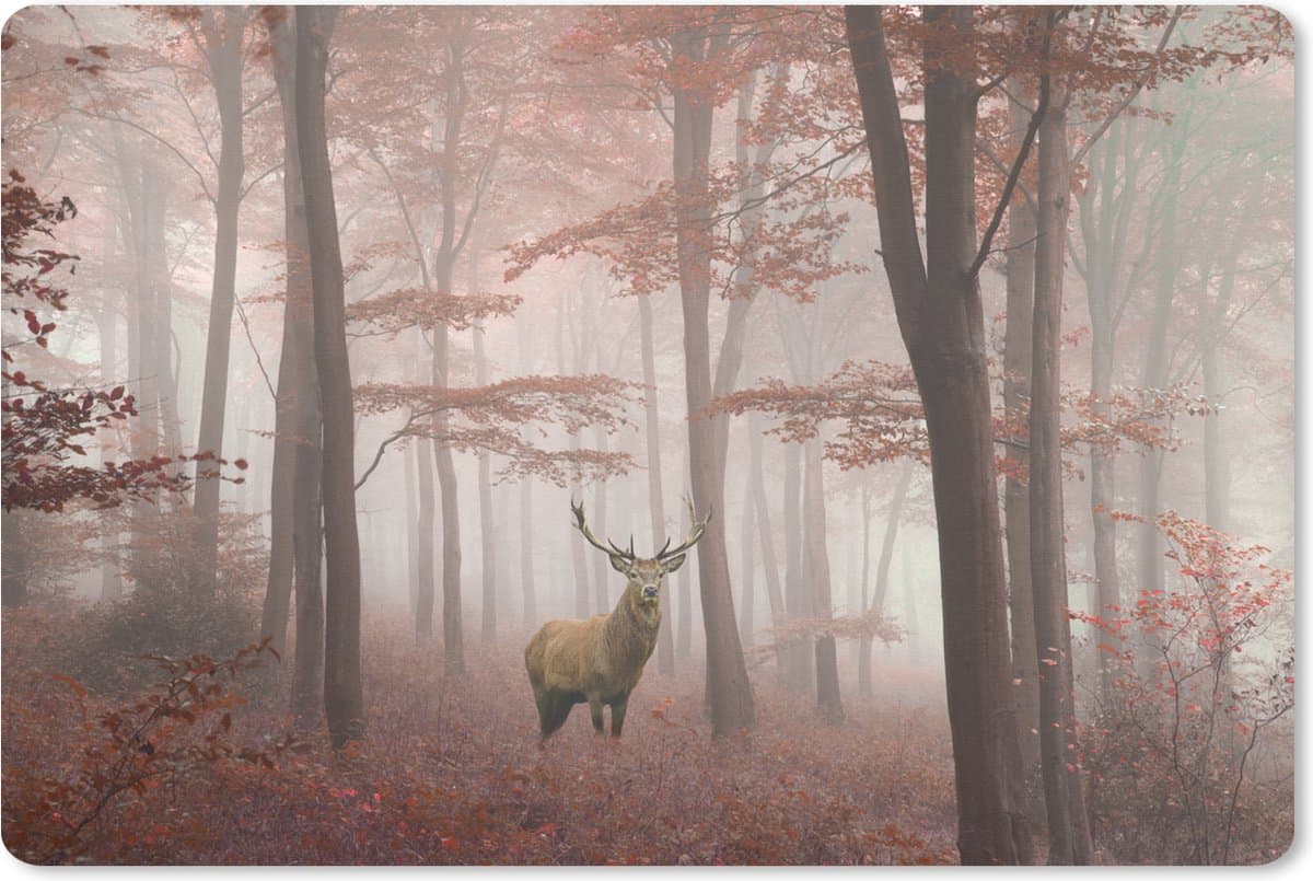 Muismat XXL 120x80 cm - Bureau onderlegger - Bureau mat Hert - Bos - Rood - Herfst - Bureaumat - Gaming mousepad xl - Bureaulegger groot - Computer deskmat