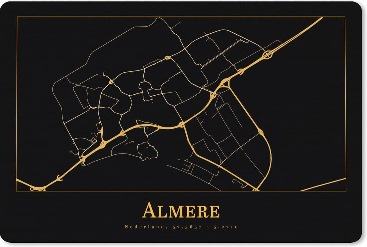 Muismat XXL 120x80 cm - Bureau onderlegger - Bureau mat Kaart - Almere - Luxe - Goud - Zwart - Bureaumat - Gaming mousepad xl - Bureaulegger groot - Computer deskmat