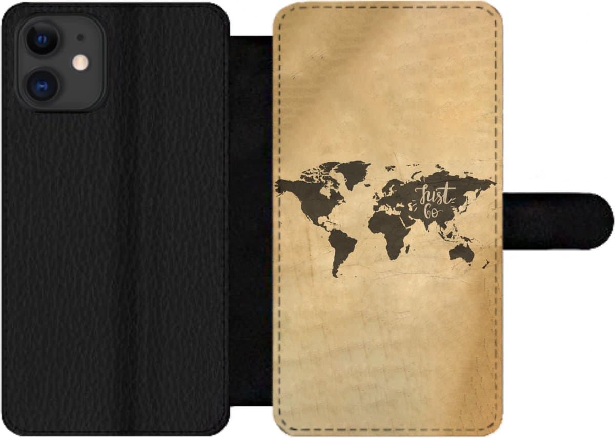 Telefoonhoesje Geschikt voor iPhone 12 Pro telefoonhoesje - Wereldkaart - Kaart - Spreuken - Met vakjes - Wallet case met magneetsluiting