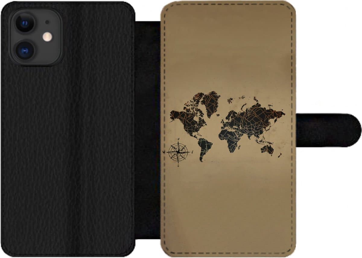 Telefoonhoesje Geschikt voor iPhone 12 Pro Max telefoonhoesje - Wereldkaart - Design - Vintage - Met vakjes - Wallet case met magneetsluiting