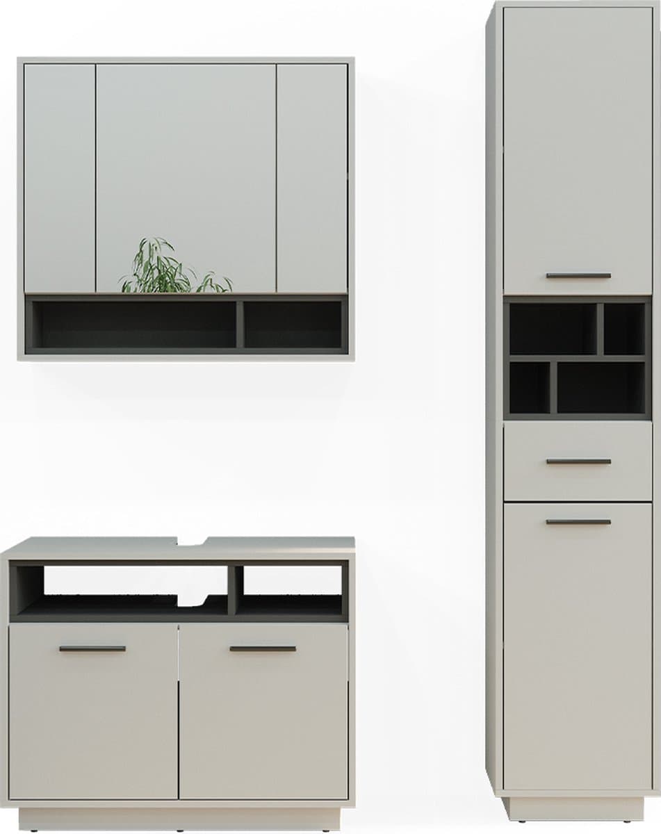Vicco Beatrice Badkamermeubelset – 3 delen, met hoge unit Grijs