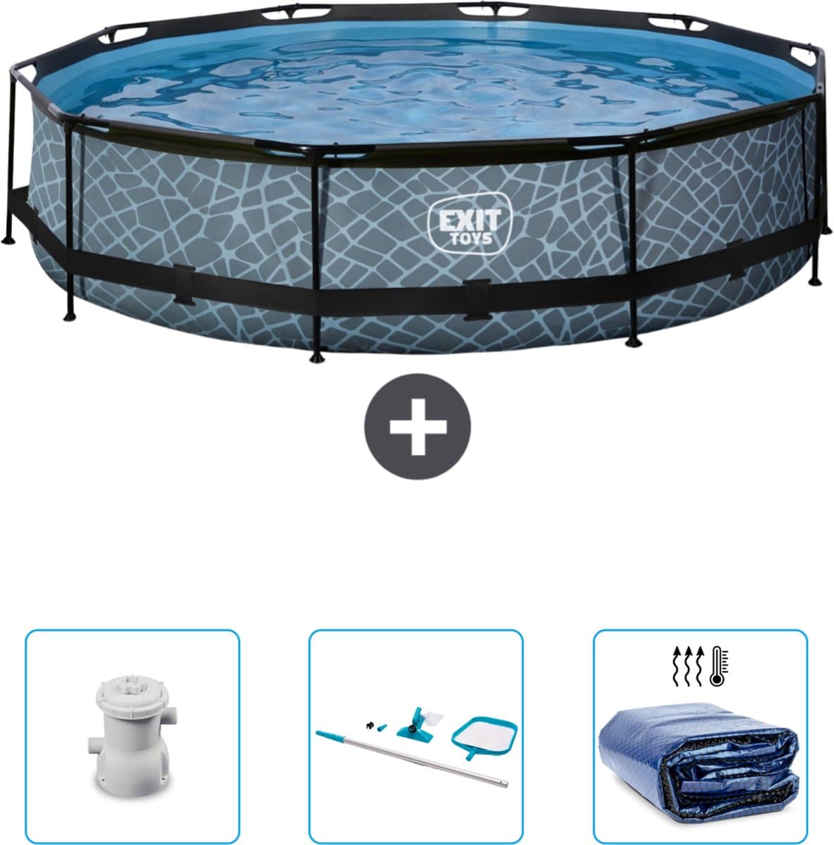 EXIT Rond Stone Frame Zwembad - 360 x 76 cm - Inclusief Pomp - Schoonmaakset - Solarzeil - Nu extra voordelig