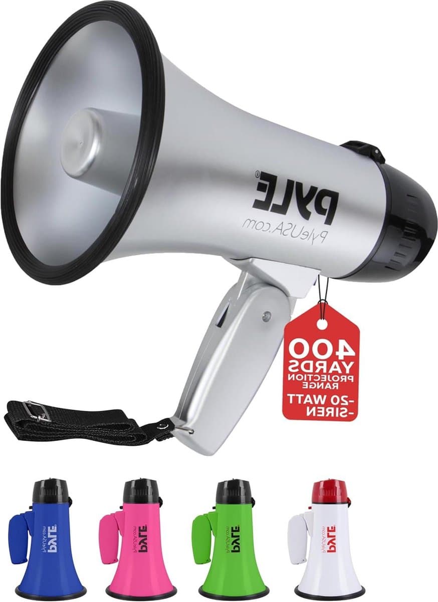 Draagbare megafoonluidspreker Sirene Bullhorn met 20 Watt vermogen - Batterijgevoed - Microfoon - 2 modi - PA-geluid - Opvouwbare handgreep - Cheerleading en politiegebruik - Pyle PMP23SL (zilver)