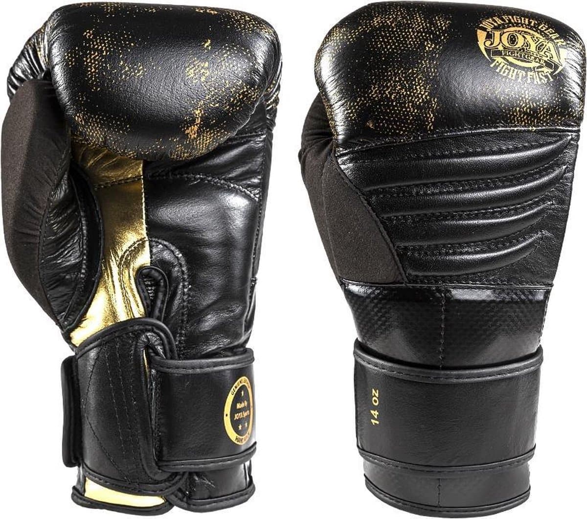 Joya Bokshandschoenen Falcon Zwart Goud - 16 oz – Echt Leren Kickbokshandschoenen – Dubbele Klittenbandsluiting – Heren/Dames – Training