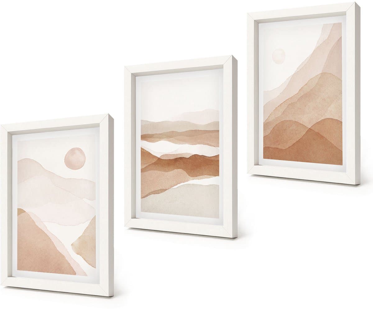 Coloray 3-Delige Schilderij Set - Abstracte landschappen in bruine en beige tinten. - 20x30 - Wanddecoratie - Schilderijen Set - Kantoor - Stijlvolle Muurdecoratie