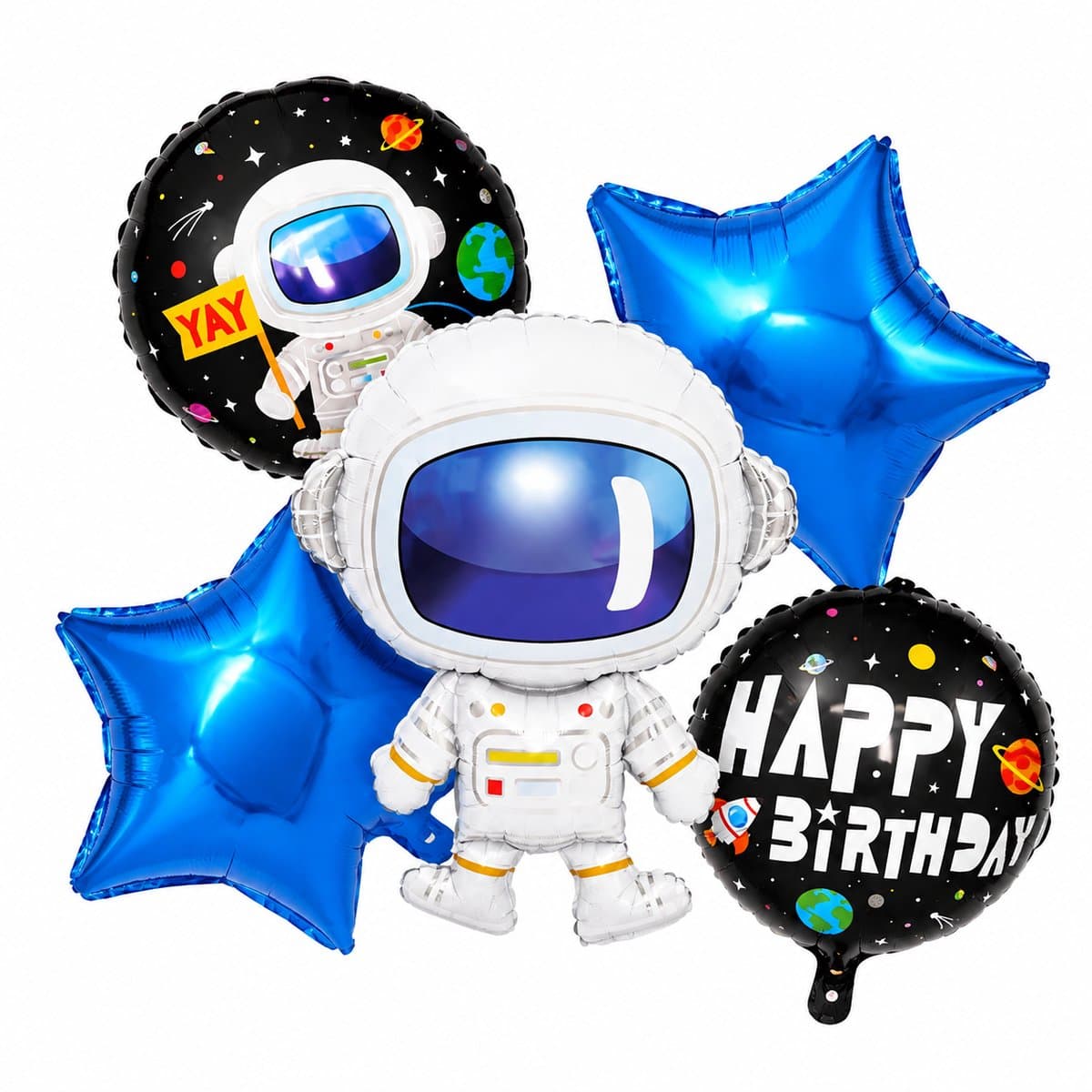 Fienosa Ruimtevaart Ballonnen Set – 5 Folieballonnen – Astronaut & Happy Birthday – Sterren – Ruimte Verjaardag Versiering