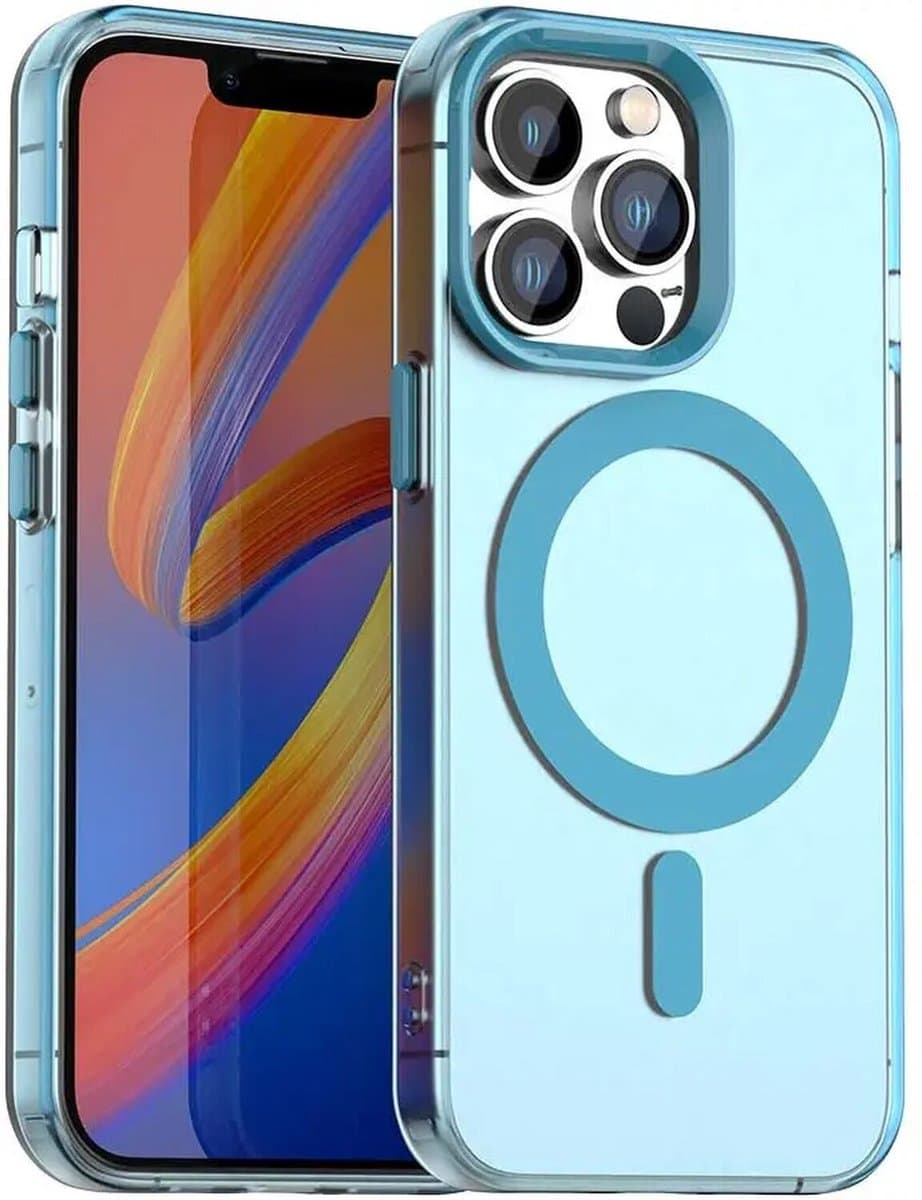 MagSafe Compatibel Backcover Hoesje Geschikt voor Apple iPhone 14 Pro - Blauw & Semi-Transparant Design - Stijlvol & Goede Bescherming