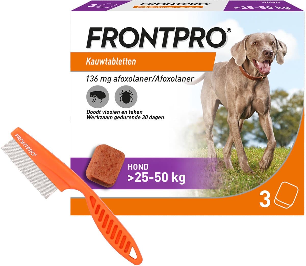 FRONTPRO XL - Vlooien en Teken Hond Tablet - 25 tot 50 kg - 3 Tabletten - Inclusief Gratis Vlooienkam