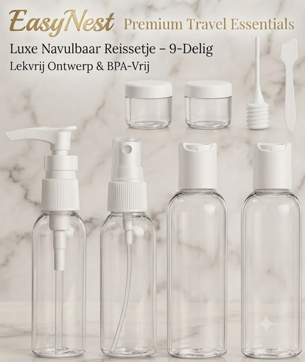Reisflesjes Set 9-delig – Hervulbare Reisflacons voor Handbagage – BPA-vrije Reisverpakking voor Shampoo, Lotion, Crème en Cosmetica