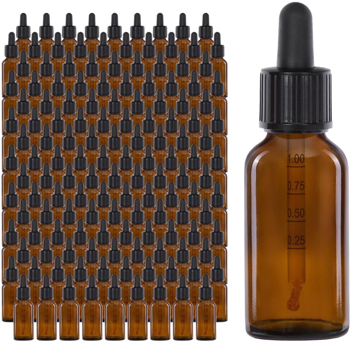 Oputec 143x 30 ml pipetflesjes van bruin glas – doseerflesjes met glazen pipet met schaalverdeling