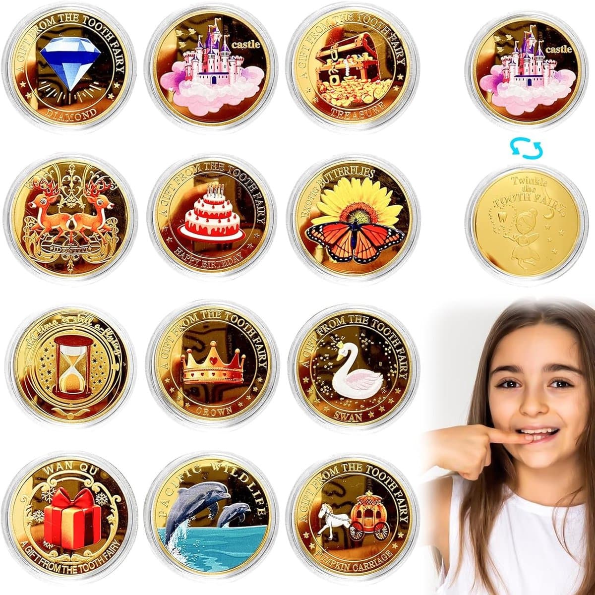 12 Stuks Tandenfee Munten, Gouden Tandenfee Geschenken voor Kinderen, Unieke Patronen en Tandenfee Cadeaus voor Verloren Tanden