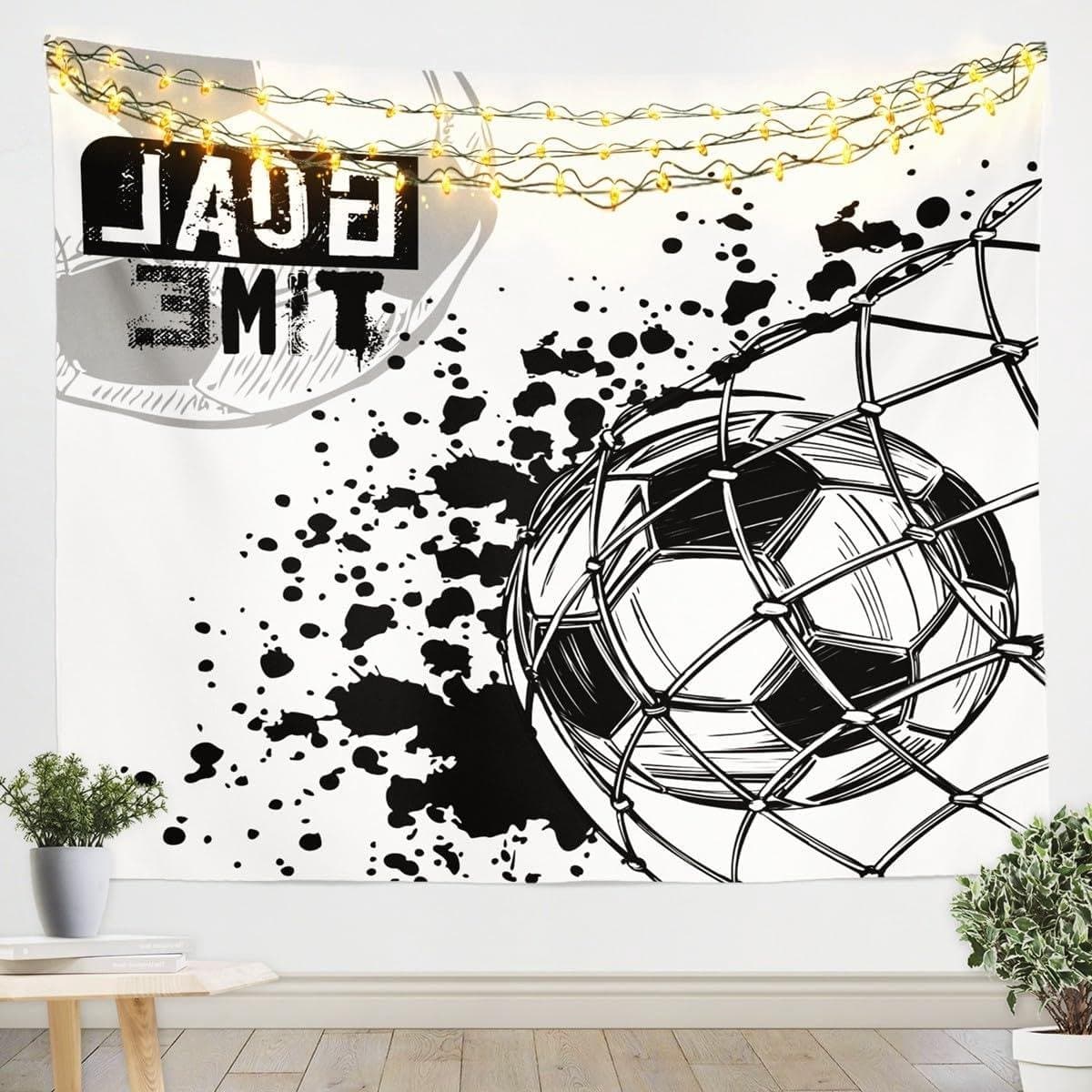 Voetbal Tapijt - Wandkleed Muurdecoratie - Kinderkamer Decoratie - HD Print Technologie - 130 x 150 cm - Zwart Wit Grijs