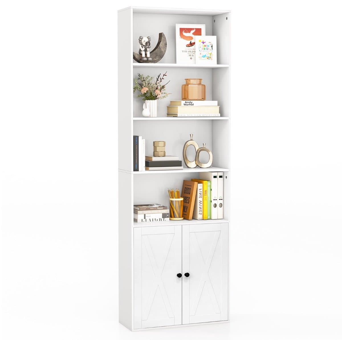 SureDeal® - Opbergrek - Vrijstaande Boekenkast Opbergmeubel - Planken Deurskast Multifunctionele - Verstelbare Plank Wit - 60x24x180 cm - Wit