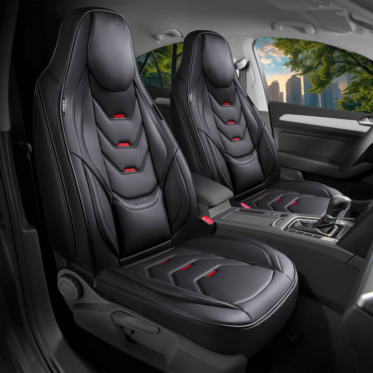 Universele autostoelhoezen voor personenautos en SUVs – Premium voorstoelhoezen Schwarz, hoogwaardig afgewerkt voor extra zitcomfort, airbagcompatibel, stoelhoezen voor bestuurder en passagier met opbergvak aan de achterzijde