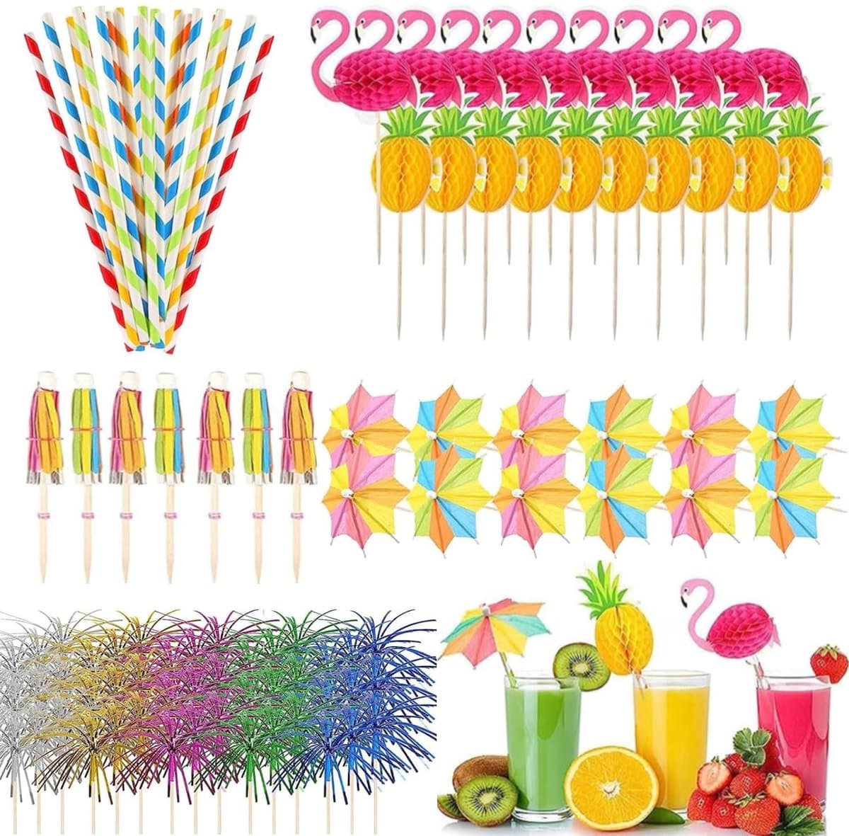 Dailygoods- Cocktaildecoraties 100 Stuks - Inclusief Parasols/Roerstaafjes - Herbruikbare Papieren Rietjes - Sparklers/Ananas - Flamingo Roerstaafjes - Voor Strand/Verjaardag/Festival - Feestdecoraties