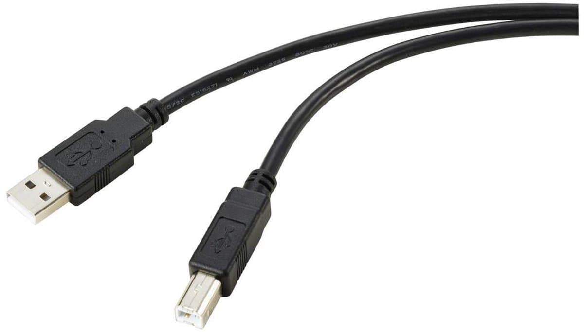 Renkforce RF-5720372 USB-kabel USB 2.0 USB-A stekker, USB-B stekker 20.00 m Zwart Afscherming gevlochten