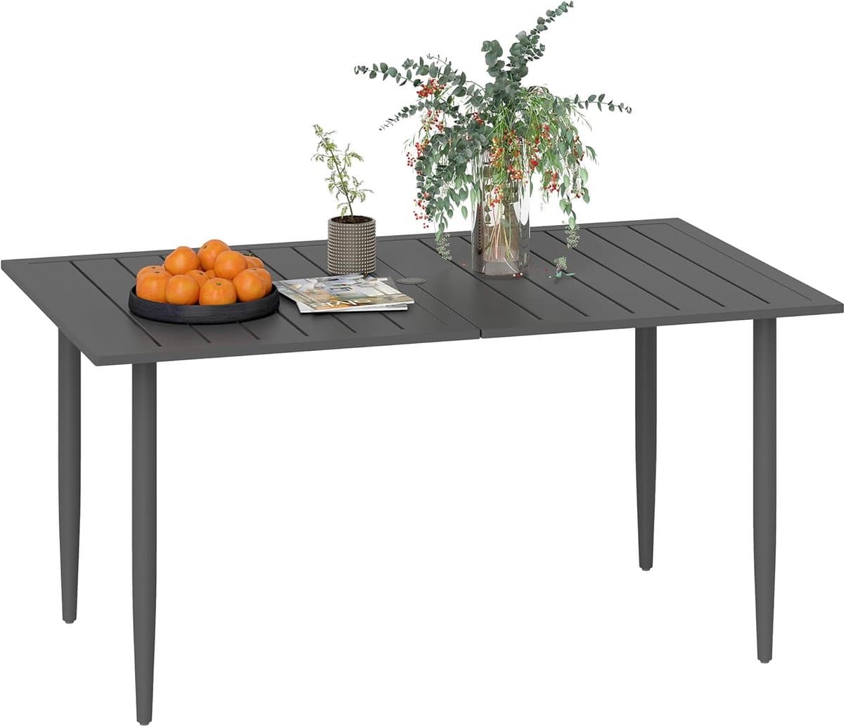 Tuin Tafel - Buitenmeubel Staal - Buiten Eten - Met Paraplugat - 150 x 90 cm - Zwart
