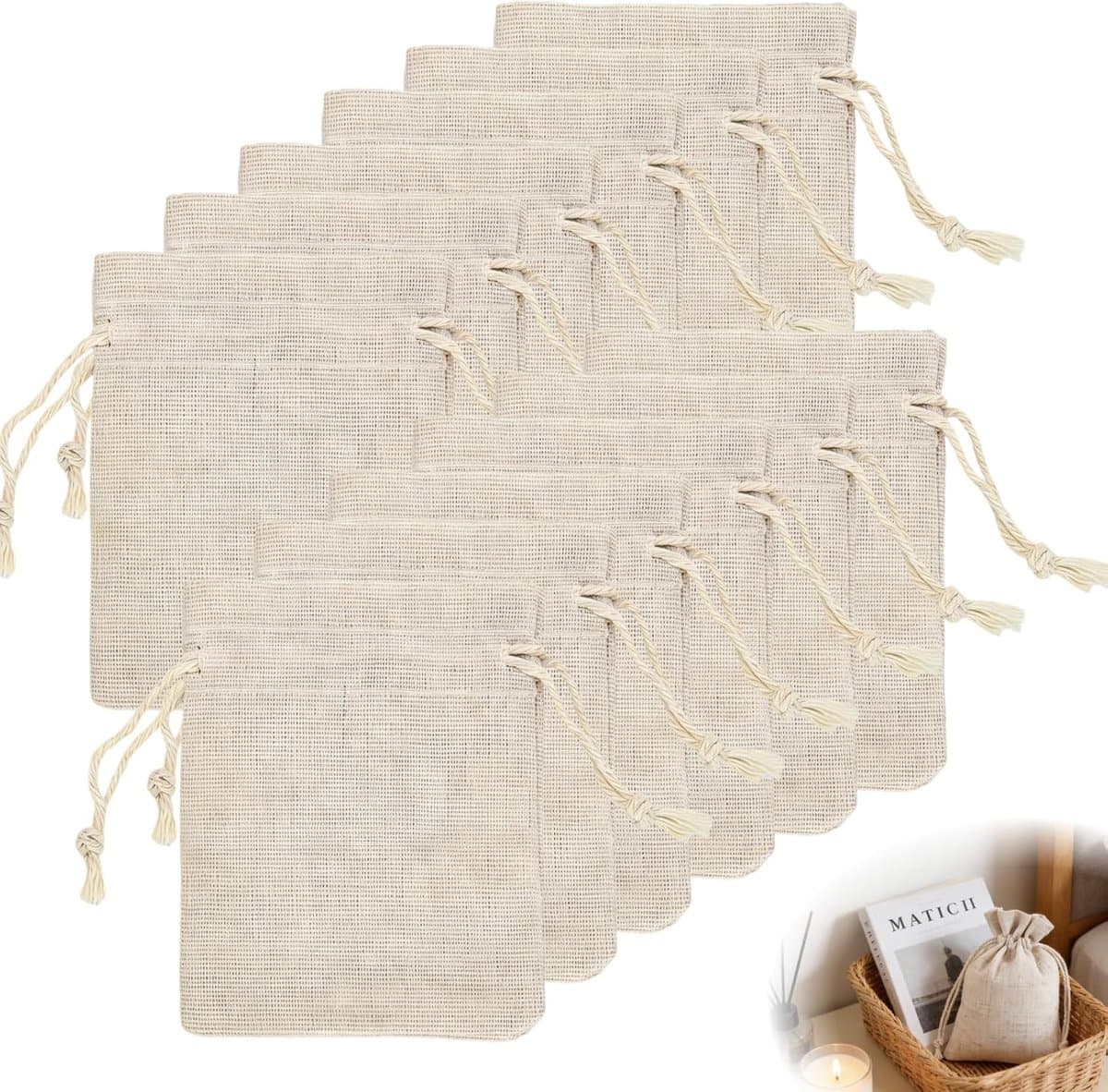 12 stuks Katoenen zakjes, stoffen zakjes met trekkoord, kleine jute