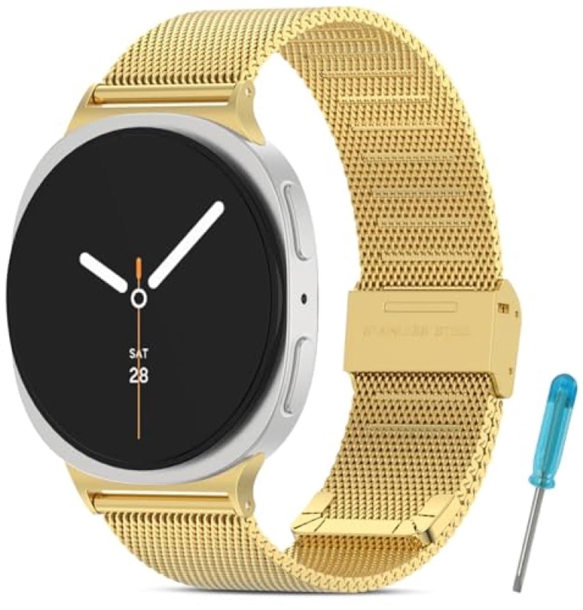 PromoHome Reservearmband voor Samsung Galaxy Watch 8 40mm/44mm en Watch 8 Classic 46mm - Verstelbare metalen armband - Roestvrij staal - Goud
